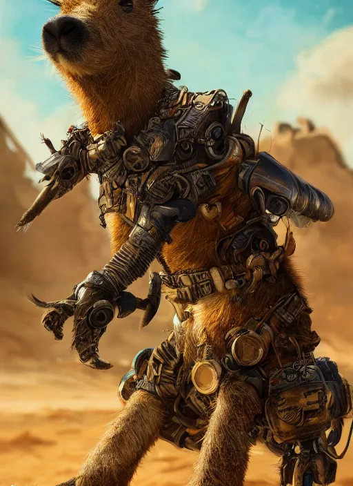 Image similar to detailed full body concept art illustration oil painting of an anthropomorphic capybara mad max in full intricate clothing, biomutant, dystopian, ultra detailed, digital art, octane render