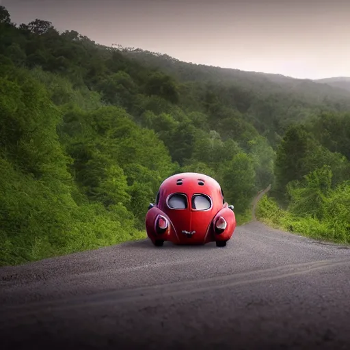 Image similar to promotional scifi - mystery movie scene of a ( volkswagen beatle ) and ladybug hybrid that's more ladybug. racing down a dusty back - road in smokey mountains tennessee. cinematic, 4 k, imax, 7 0 mm, hdr