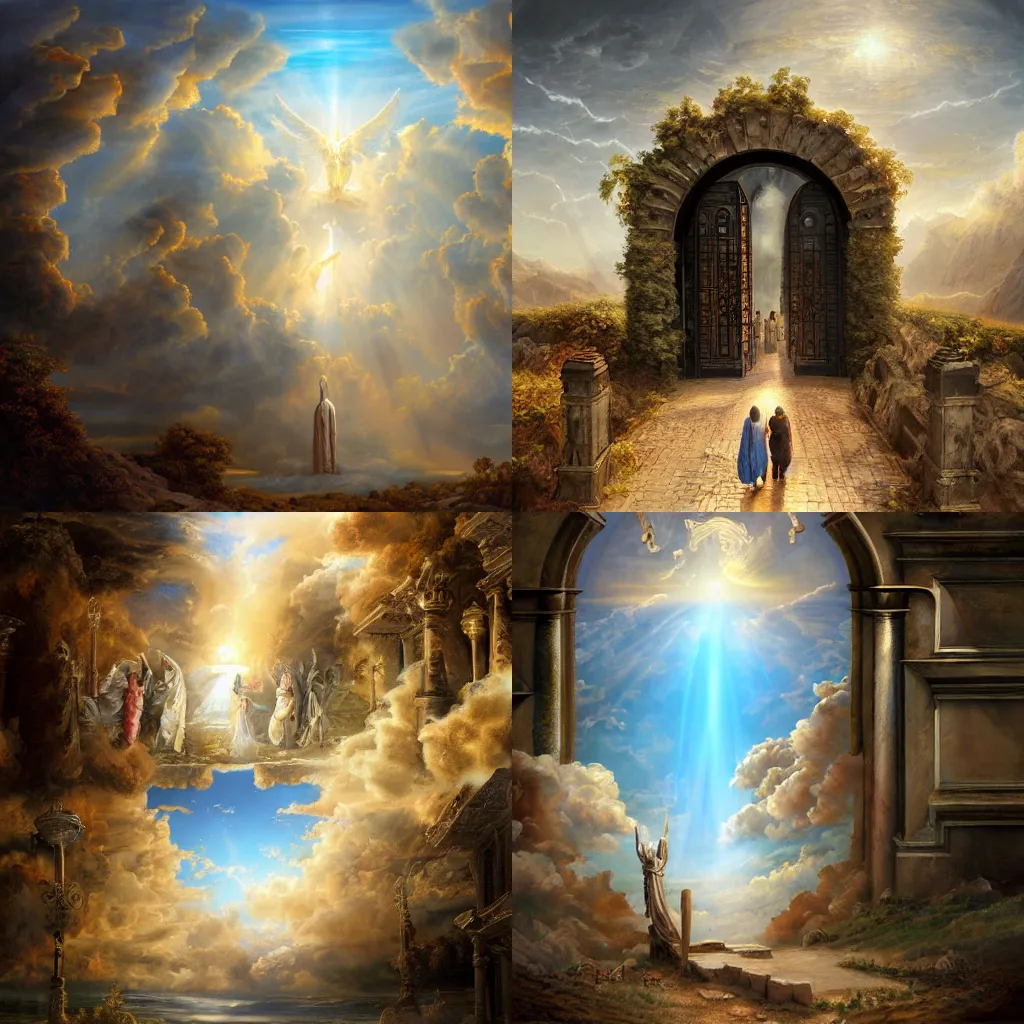 Prompt: illustration of the gate to Heaven, realistic painting, classical painting, high definition, digital art, matte painting, very detailed, realistic