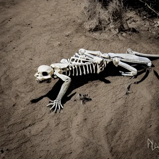 Prompt: a skeleton lizard man, nature photography, cinematic,