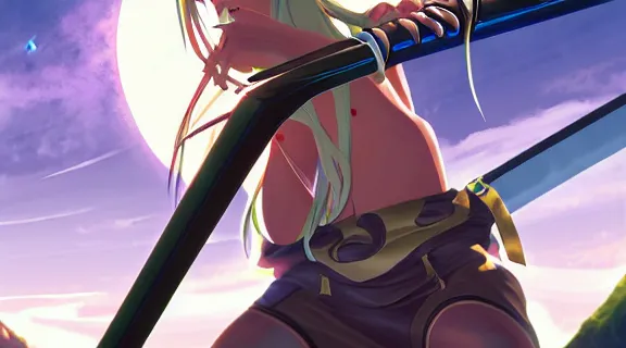 Image similar to Gravity Rush Kat HOLDING A KATANA sideways | Moonlit Night | strong blue rimlit | visual-key | anime illustration by Yang-Do | highly detailed