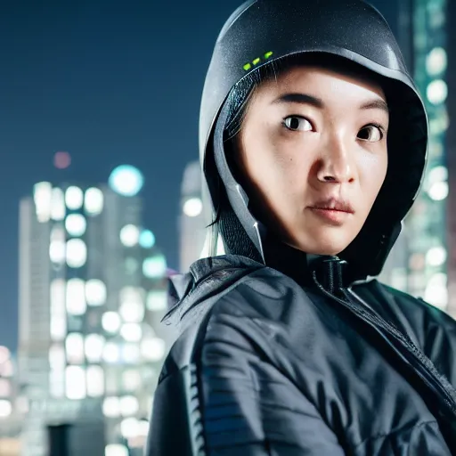Prompt: photographic portrait of a techwear woman, closeup, on the rooftop of a futuristic city at night, sigma 8 5 mm f / 1. 4, 4 k, depth of field, high resolution, 4 k, 8 k, hd, full color