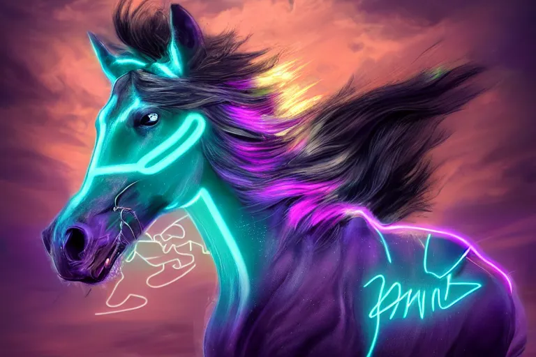 Image similar to a stunning horse with bioluminescent mane and tail running in the clouds by sandra chevrier and greg rutkowski, neon hooves, purple blue color scheme, vaporware, retro, outrun, high key lighting, volumetric light, digital art, highly detailed, fine detail, intricate, ornate, complex, octane render, unreal engine, photorealistic