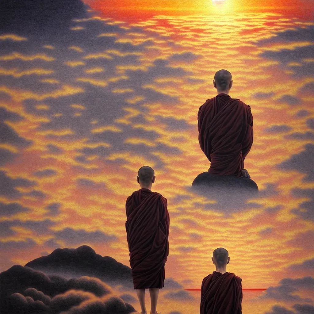 Prompt: portrait of a buddhist monk experiencing ego death at sunrise, cinematic lighting, intricate, elegant, highly detailed, lifelike, photorealistic, digital painting, concept art, smooth, sharp focus, art by katushiro otomo, bright colour tone, surrealism by rene magritte