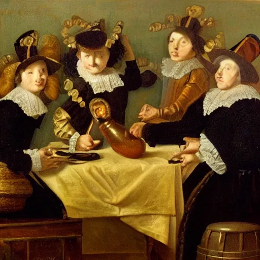 Image similar to Dutch oil painting from the 1600s, bitcoins on a table