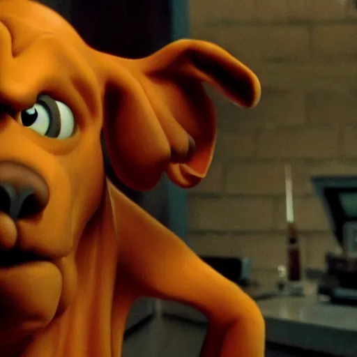 Image similar to scooby doo holding a gun, film still from the movie directed by denis villeneuve with art direction by bill ward, wide lens