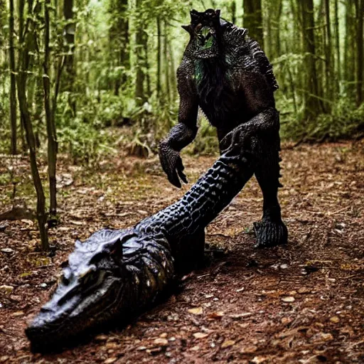 Prompt: werecreature consisting of a human and crocodile, photograph captured in a forest