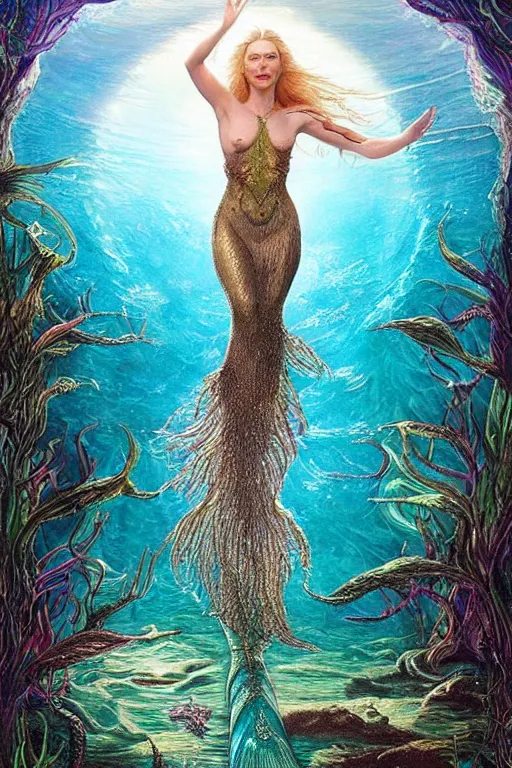 Prompt: a beautiful portrait of cate blanchett as a mermaid in a river of the amazon, ayahuasca, fantasy art, highly detailed, matte painting, visionary art