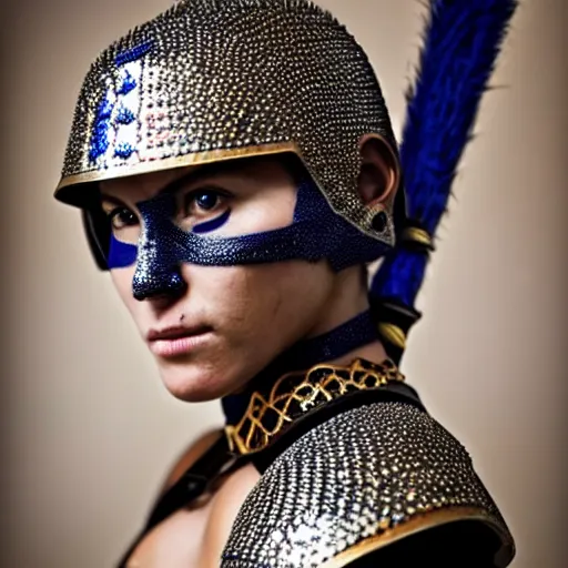 Prompt: photo of a real-life beautiful female warrior with sapphire encrusted armour