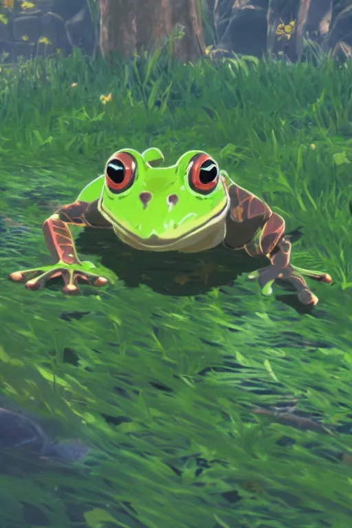 Image similar to in game footage of a frog from the legend of zelda breath of the wild, breath of the wild art style.