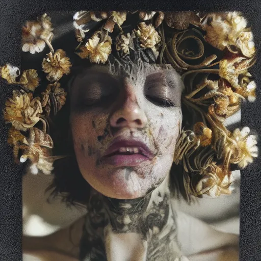 Image similar to a beautiful detailed front view portrait of a rotten woman corpse with fractal plants and fractal flowers growing around, volumetric light, beautiful lit, polaroid photography