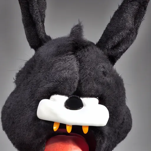 Image similar to A extremely highly detailed majestic hi-res beautiful, highly detailed head and shoulders portrait of a scary terrifying, horrifying, creepy black cartoon rabbit animatronic with scary big eyes, laughing and standing up wearing pants and a shirt in the style of Walt Disney