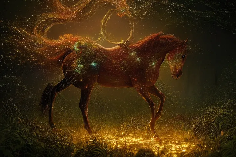 Image similar to a stunning swarm of fireflies forming a horse with a thick mane of bioluminescent vines and flowers running through the woods by greg rutkowski, high key lighting, volumetric light, digital art, highly detailed, fine detail, intricate, ornate, complex, octane render, unreal engine, photorealistic