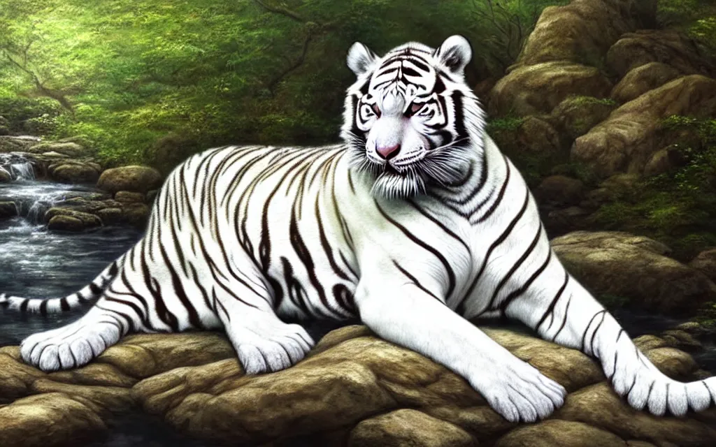 Prompt: a white tiger sitting on a large rock within a woodland creek, highly detailed, trending on pixiv, realistic oil paint artwork made in 2 0 2 0.