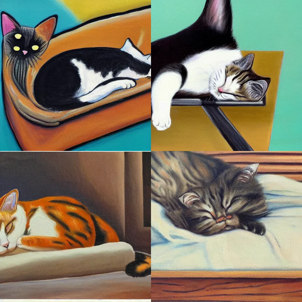 Prompt: A painting of a cat sleeping on a midcentury modern bed.