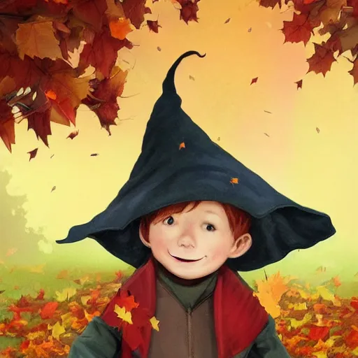 Image similar to a boy wearing a witches hat jumping into a pile of leaves on a beautiful autumn day, cute storybook illustration, trending on artstation, cgsociety, beautiful painting