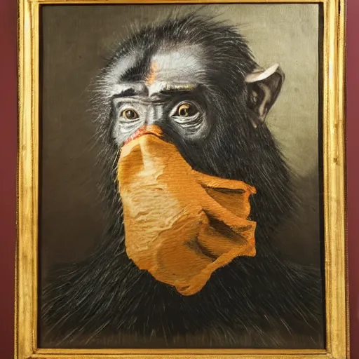 Image similar to An exquisite oil painting of a chimpanzee dressed like the DUke of Wellington with a traffic cone on his head