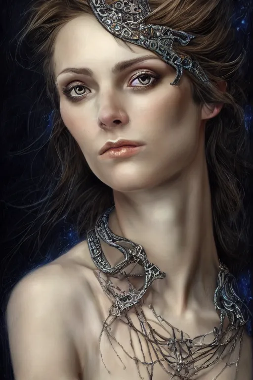 Image similar to high quality extremely detailed closeup portrait of a young attractive female necromancer looking away from the camera, dressed, realistic eyes, sparkle in eyes, no hands visible, fantasy, d & d, intricate, painting by lucian freud and mark brooks, hd