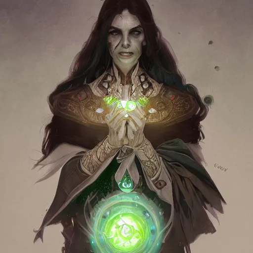 Image similar to portrait of a evil necromancer with green glowing eyes, D&D, fantasy, intricate, elegant, highly detailed, digital painting, artstation, concept art, smooth, sharp focus, illustration, art by artgerm and greg rutkowski and alphonse mucha