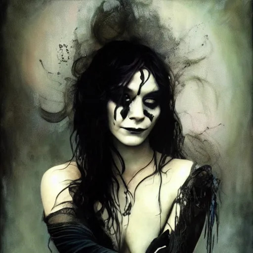 Image similar to beautiful portrait of vanessa hudgens as death from sandman, smiling, by cedric peyravernay, alphonse mucha, by jeremy mann, by lecouffe deharme, goth chic, soft lightning, eyeliner, punk rock, high detailed, 8 k