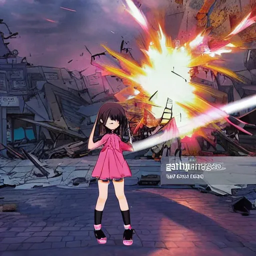 Image similar to anime girl destroys a city, news photo