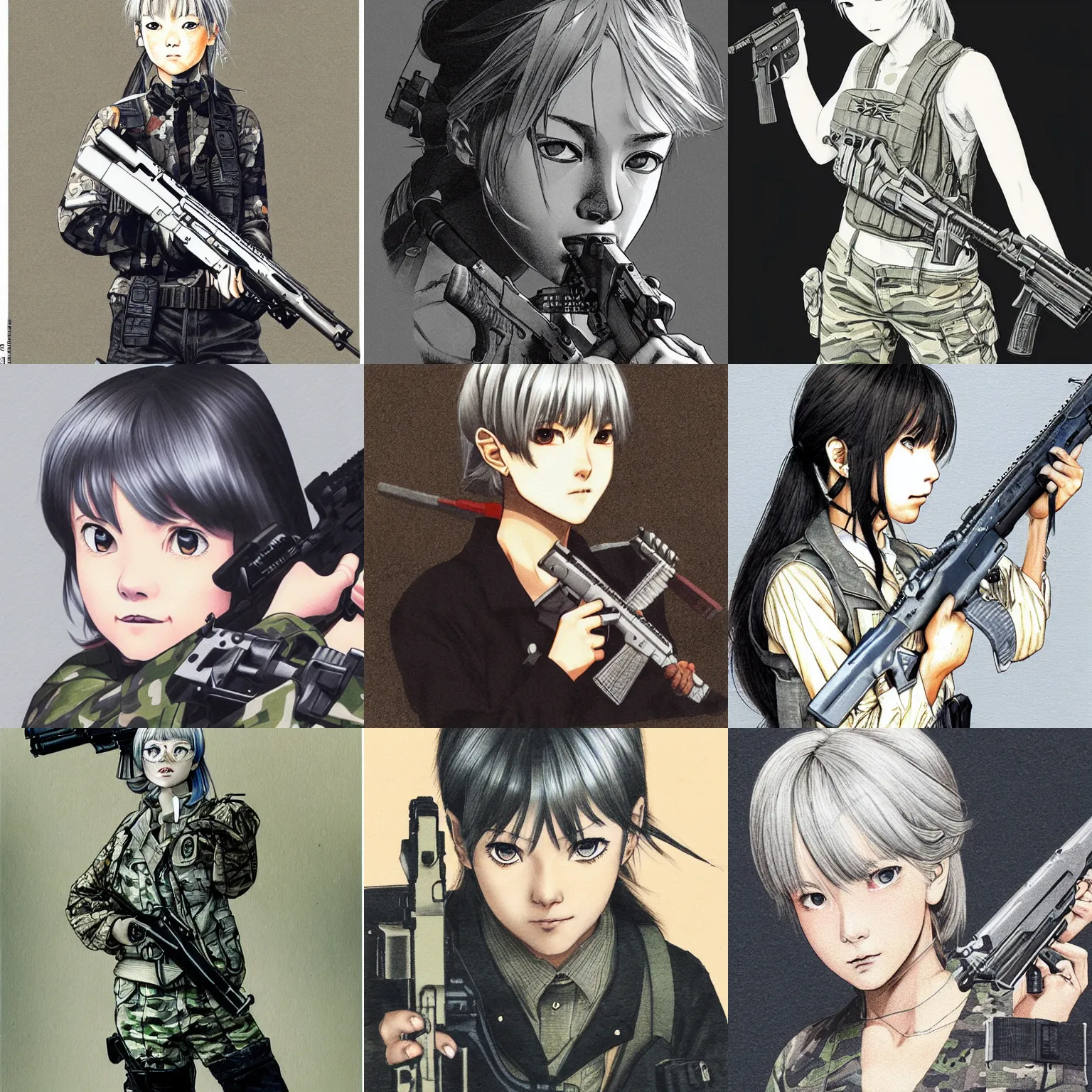 Prompt: girl silver hair, multicam, holding a gun, illustration by Takehiko Inoue, portrait