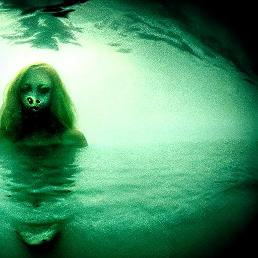 Image similar to sea monster about to eat pov underwater, pale skin, dark yellowish water, foggy water, dark, dramatic,'silent hill ', big eyes, alluring and terrifying, cinematic