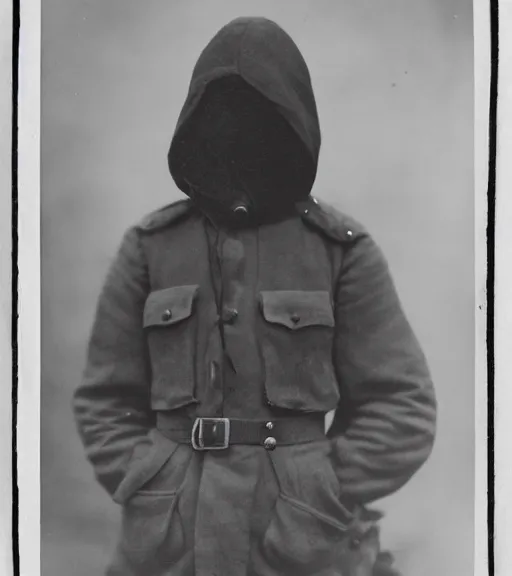 Image similar to full body portrait of a man at distance wearing hooded mask covering his entire face, ww1 film photo, grainy, high detail, high resolution