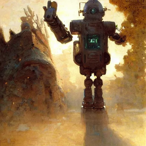 Image similar to a little boy holding hands with an enormous robot. detailed. by gaston bussiere. krzysztof maziarz. greg rutkowski