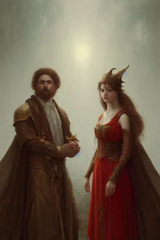 Image similar to a portrait of Satan and his wife, white eyes, bored, illustration, soft lighting, soft details, painting oil on canvas by Edmund Blair Leighton and Charlie Bowater octane render, HDR, trending on artstation, 4k, 8k, HD