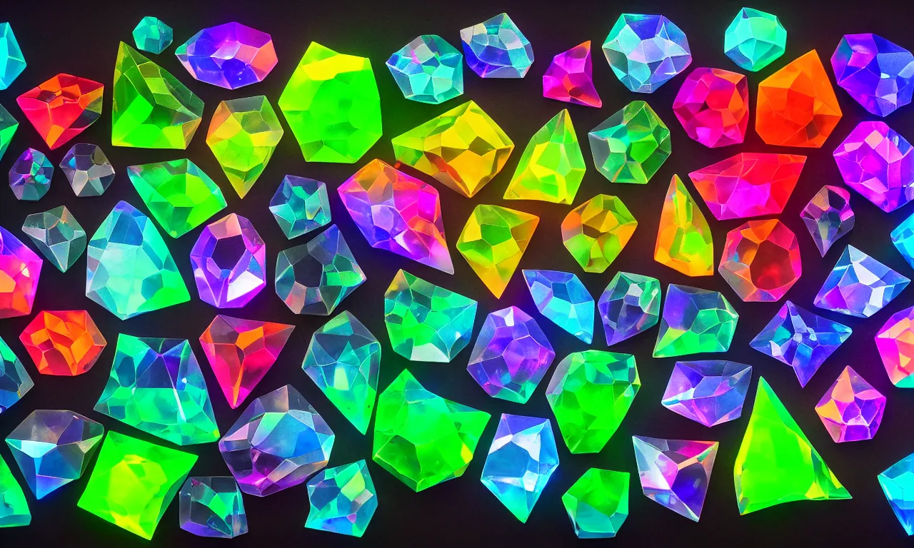 Prompt: material study, geometric shape photo realistic holographic gemstones and crystals, translucent, fluorescent, glowing, beautiful, low light, colorful, sharp focus, highly detailed, 4 k, black background