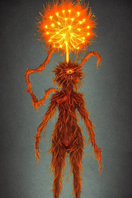 Prompt: a glowing humanoid figure dandelion monster with large glowing eyes, surrounded by blazing orange, highly detailed, digital art, sharp focus, trending on art station, artichoke, anime art style