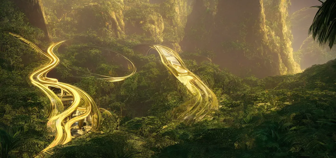 Prompt: futuristic shinny golden roads in high mountain jungle, chinese landscape, golden bridges overgrown vegetation algarve caves of benagil, golden bridges by santiago calatrava and zaha hadid, glowing reflections, at dusk, octane render redshift unreal engine, by annie leibovitz and syd mead and cindy sherman and albert bierstadt