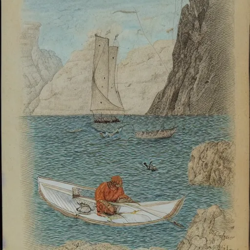 Prompt: highly detailed sketch of a man fishing on a tiny boat in the ocean by Maria Sibylla Merian
