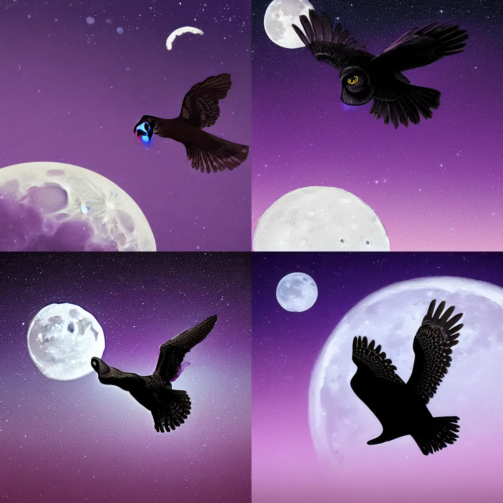 Prompt: A sillouhete of a black owl flying in front of the moon, dark purple sky with stars in background, HD, trending on Artstation