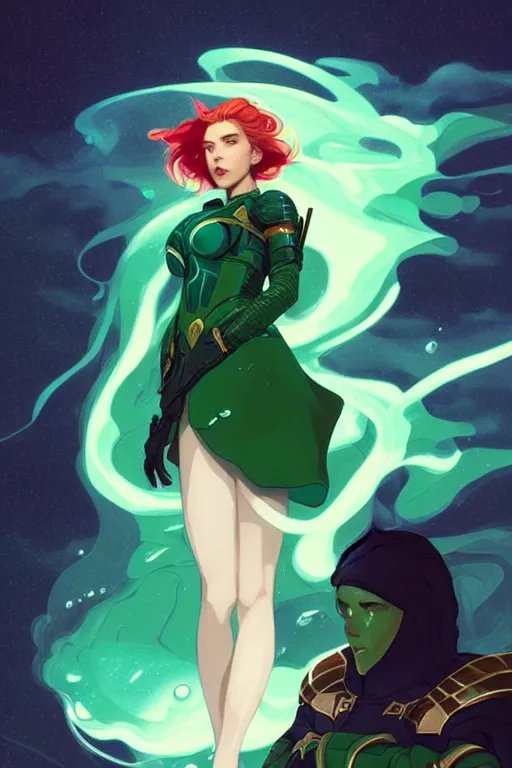 Image similar to style artgerm, joshua middleton, illustration, scarlett johansson as artificer wearing green pelt light armor, anime eyes, blue hair, swirling water cosmos, fantasy, dnd, cinematic lighting