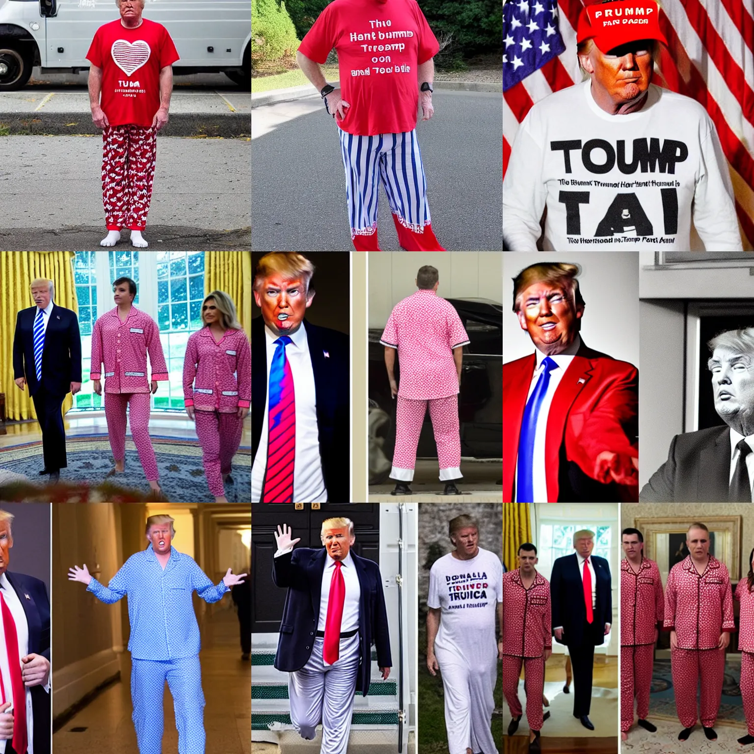 Prompt: donald trump wearing heart printed pyjamas chased fbi agents, detailed photograph