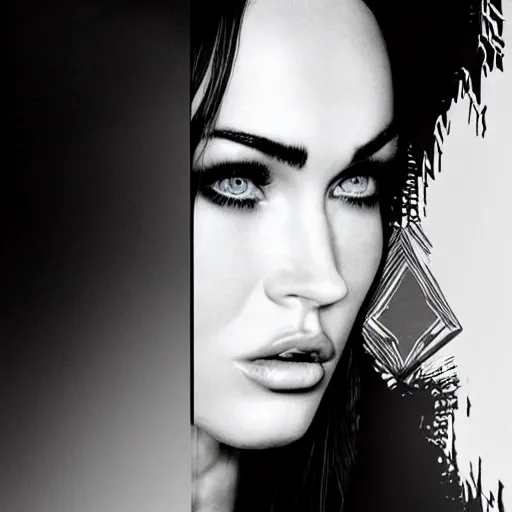 Image similar to double - exposure effect of megan fox face as beautiful mountains, in the style of dan mountford, amazing detail, black and white