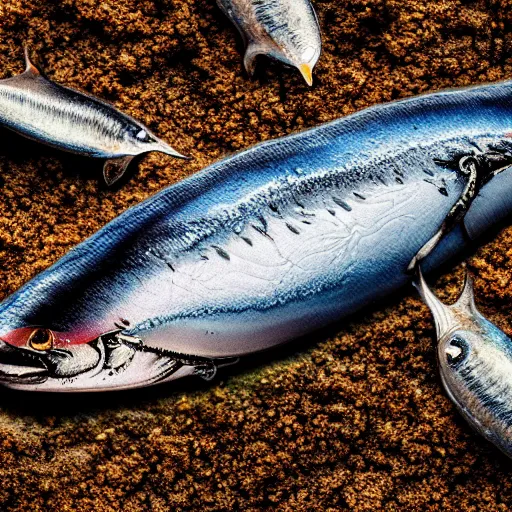 Image similar to a sardine grows from the soil, realistic, detailed, 4k, photography