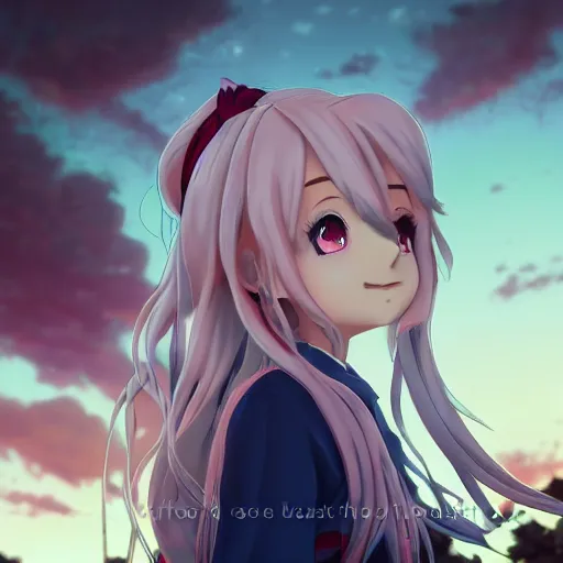 Prompt: belle delphine as an anime protagonist, beautiful anime style, portrait, close - up, cinematic rim lighting, dramatic pose, beautiful sunset, professional, highly detailed, clear, sharp, smug expression, trending on artstation