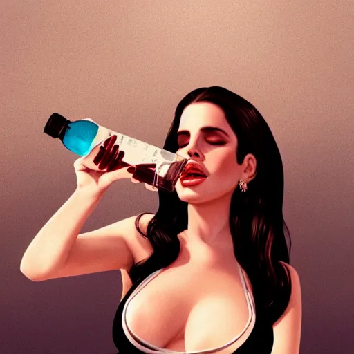 Image similar to detailed photo of lana del rey wearing a playboy bunny outfit emptying a bottle of water down her chest, 8 k, by greg rutkowski, artgerm, global illumination