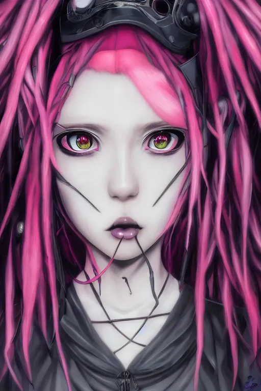 Prompt: portrait of an anime manga cybergoth girl with pink and black floating dreads, straight on portrait, by artgerm, james jean, tom bagshaw, gerald brom, vaporwave colors, lofi colors, vaporwave, lofi, moody vibe, goth vibe, 4 k, hd,