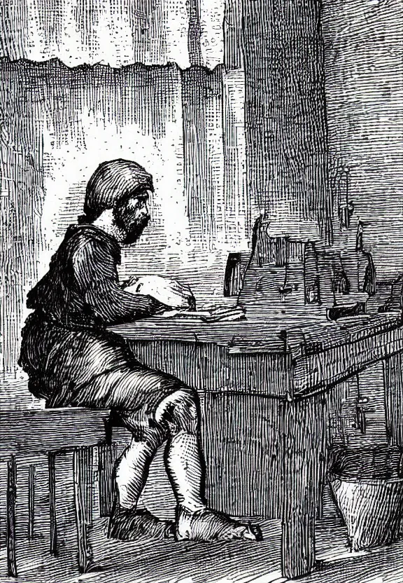 Prompt: [Medieval peasant sitting on a desk watching a computer in a dimly light room, illustration, sharp!, focus, high quality, smooth!]