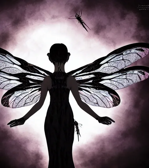 Prompt: gothic fairy with dragonfly wings, digital painting, liminal eerie midnight backlit, a picture taken by Michael Komarck and Eric Deschamps