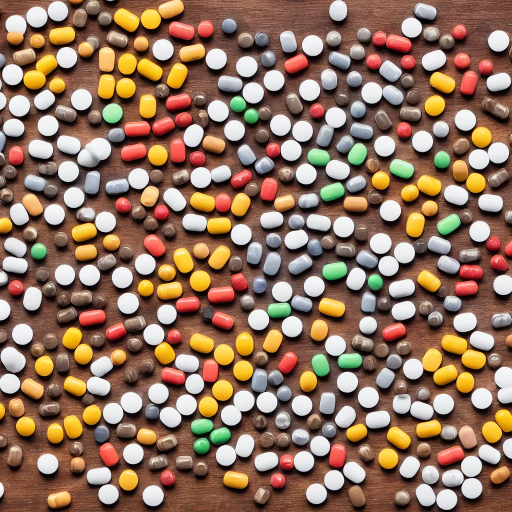 Image similar to top-down view of pills on top of a wooden table, 4k, photorealistic