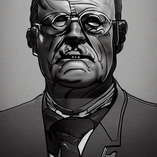 Image similar to cyberpunk theodore roosevelt as the leader of a futuristic communist nation, cybernetics, sharp lines, digital, artstation, colored in