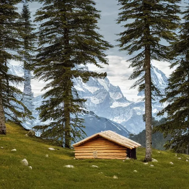 Image similar to a small hut white with a pointed wooden roof, a round window, behind 3 large fir trees, in the background the swiss alps, artem demura