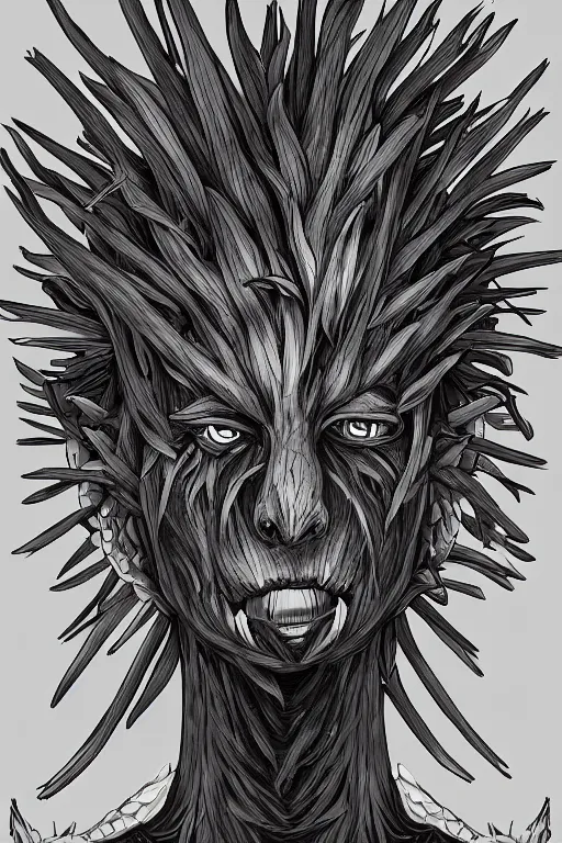 Prompt: humanoid figure with an artichoke head, highly detailed, digital art, sharp focus, trending on art station, monster, glowing eyes, anime art style