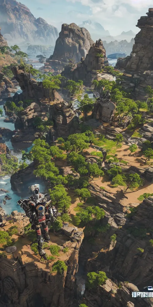 Image similar to Octane from apex Legends in the Center in the foreground with a Dschungel Island Landscape, hyperrealistic, high Detail, best Shadow quality