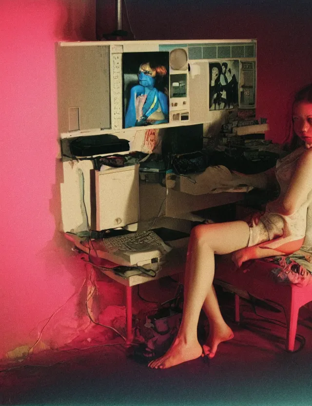 Image similar to girl in pajama sit in front of computer in dark room, redshift, wide shot, coloured polaroid photograph with flash, kodak film, hyper real, stunning moody cinematography, anamorphic lenses, by maripol, fallen angels by wong kar - wai, style of suspiria and neon demon and bahnhof zoo, david hockney, detailed, oil on canvas